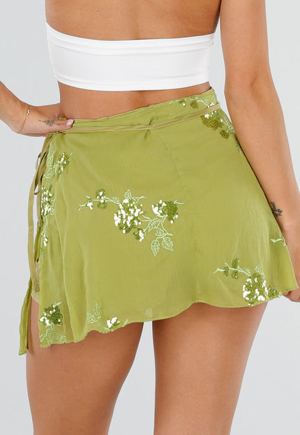 NEW300926 Groene Skort met Overslag en Bloemen