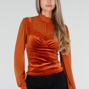 NEW300926 Oranje Top met Kant en Lange Mouwen