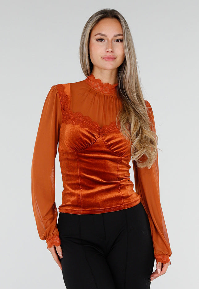 NEW300926 Oranje Top met Kant en Lange Mouwen