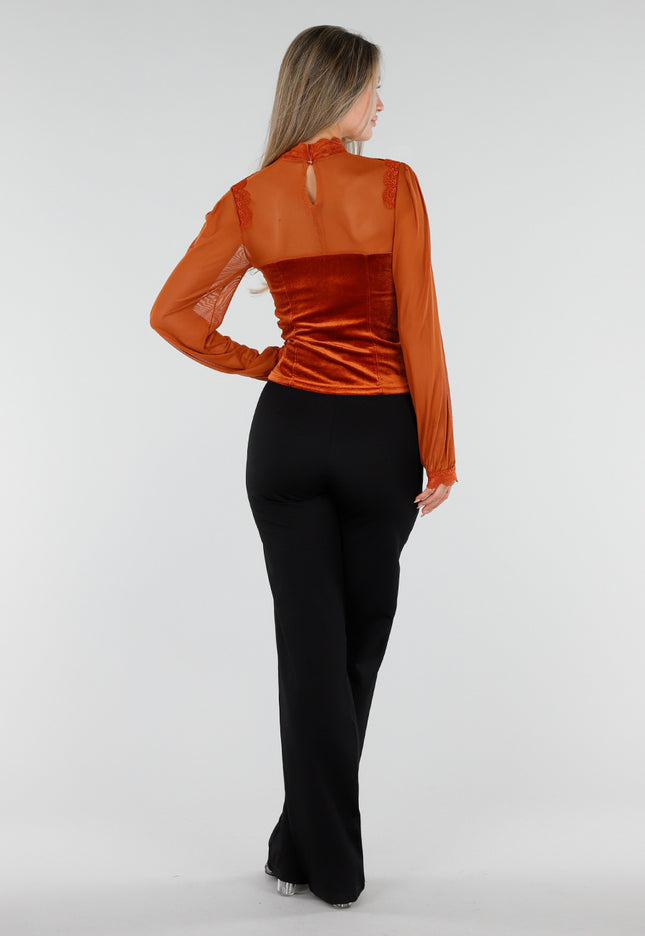 NEW300926 Oranje Top met Kant en Lange Mouwen