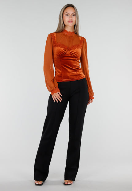 NEW300926 Oranje Top met Kant en Lange Mouwen