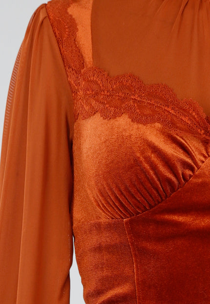 NEW300926 Oranje Top met Kant en Lange Mouwen