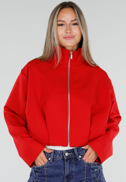 NEW300926 Rood Kort Jasje met Hoge Kraag en Rits