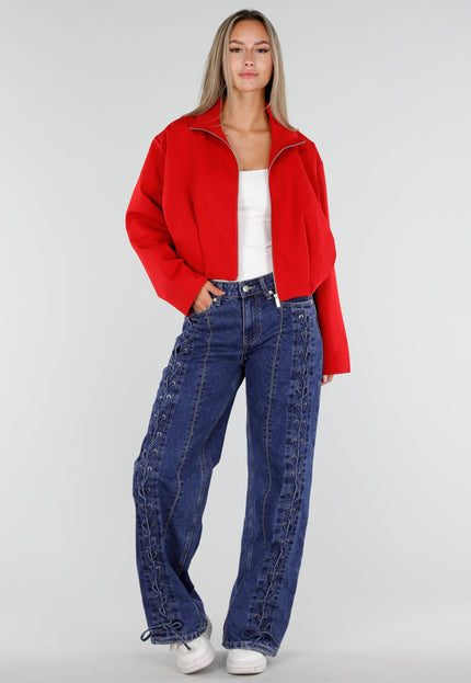 NEW300926 Rood Kort Jasje met Hoge Kraag en Rits