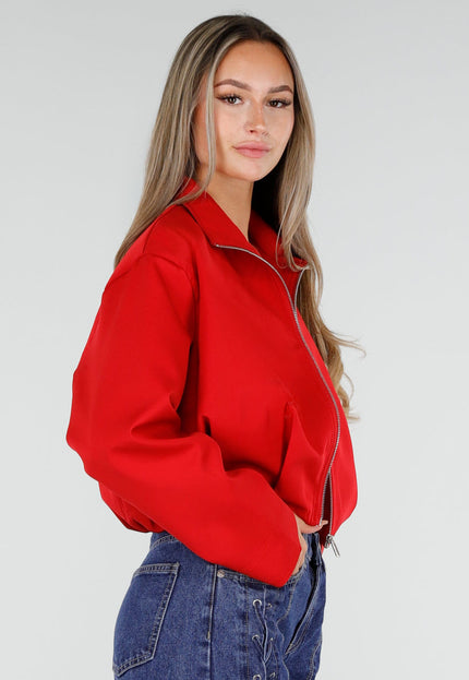 NEW300926 Rood Kort Jasje met Hoge Kraag en Rits