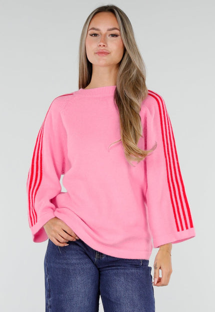 NEW300926 Roze Trui met Rode Strepen op Mouwen