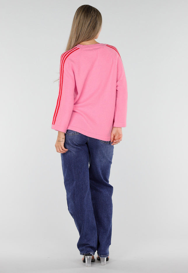 NEW300926 Roze Trui met Rode Strepen op Mouwen