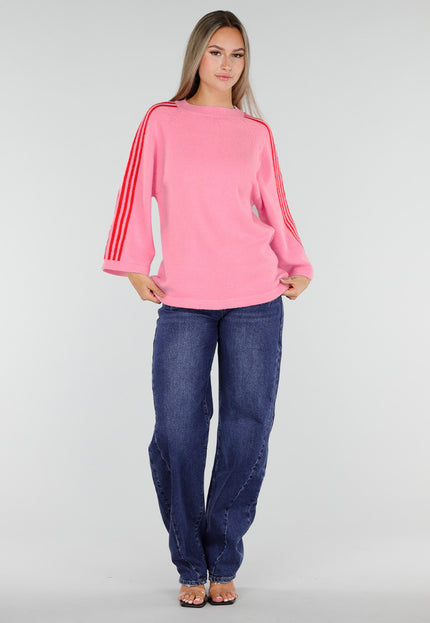 NEW300926 Roze Trui met Rode Strepen op Mouwen