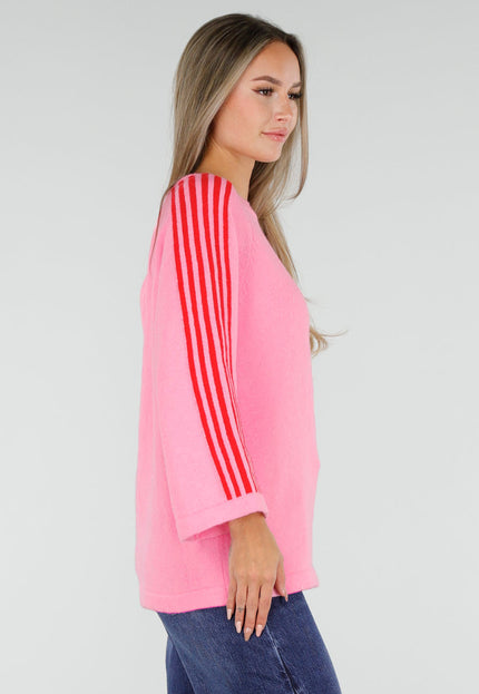 NEW300926 Roze Trui met Rode Strepen op Mouwen