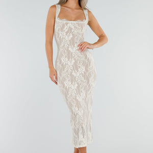 NEW300926 Witte Midi Jurk met Kant en Split