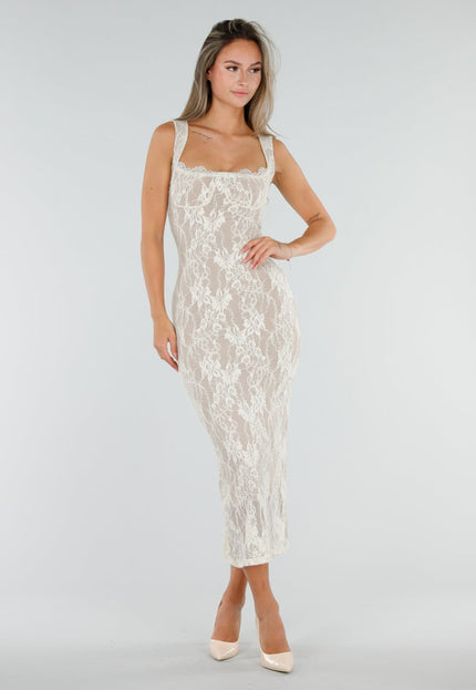 NEW300926 Witte Midi Jurk met Kant en Split
