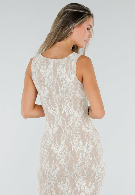 NEW300926 Witte Midi Jurk met Kant en Split