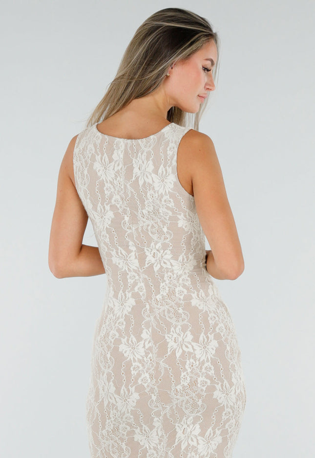 NEW300926 Witte Midi Jurk met Kant en Split