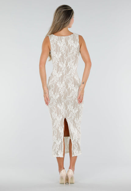 NEW300926 Witte Midi Jurk met Kant en Split