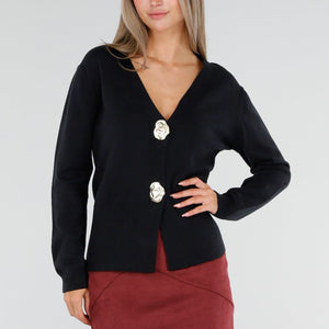 NEW300926 Zwart Gebreid Vest met Gouden Knopen