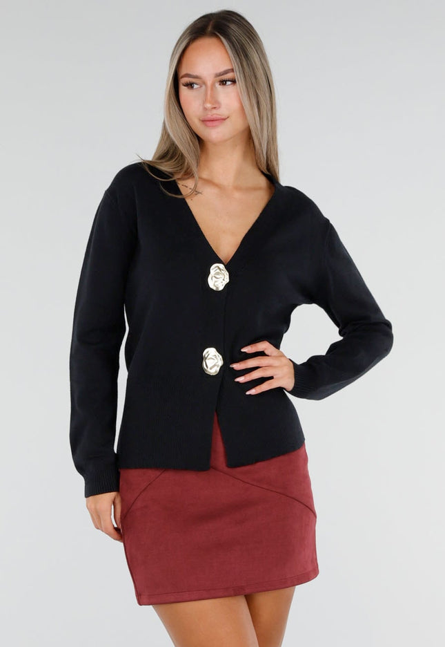 NEW300926 Zwart Gebreid Vest met Gouden Knopen