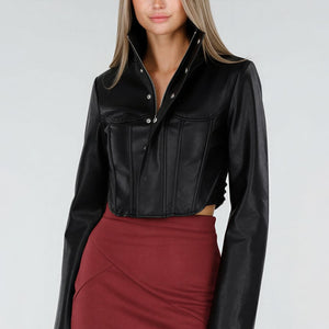 NEW300926 Zwart Kort Lederlook Jasje met Hoge Kraag