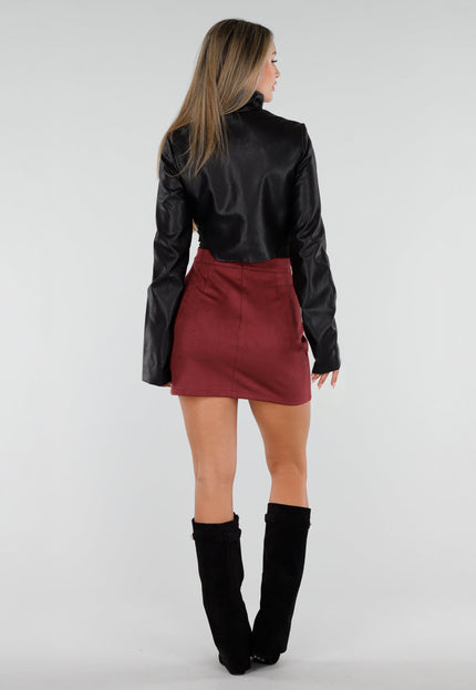 NEW300926 Zwart Kort Lederlook Jasje met Hoge Kraag