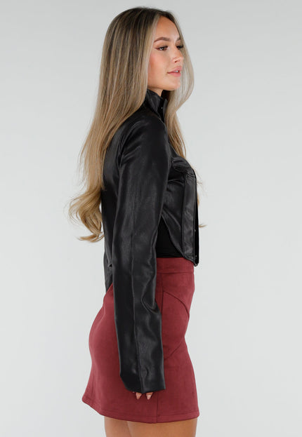 NEW300926 Zwart Kort Lederlook Jasje met Hoge Kraag