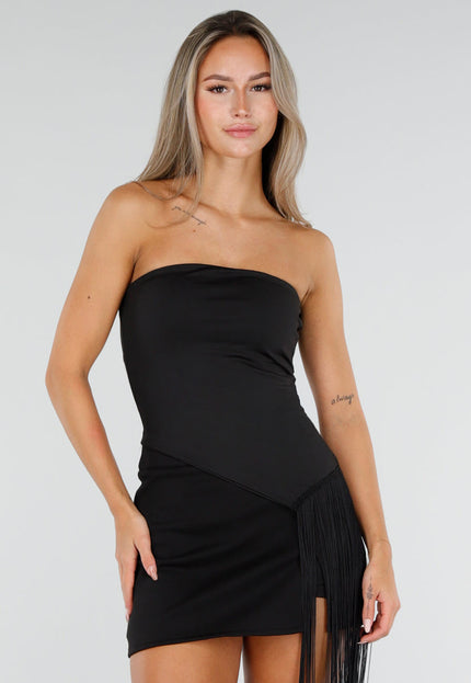 NEW300926 Zwarte Bandeau Top met Lange Franjes