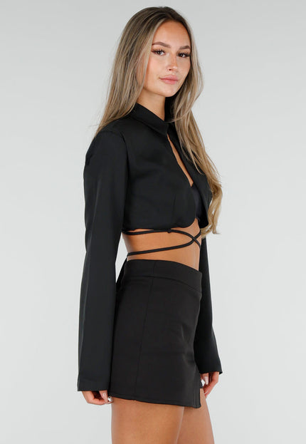 NEW300926 Zwarte Cropped Blazer met Strikkoorden