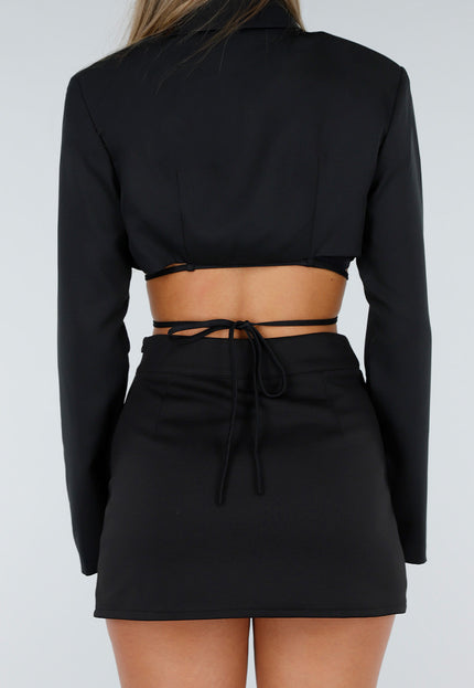 NEW300926 Zwarte Cropped Blazer met Strikkoorden