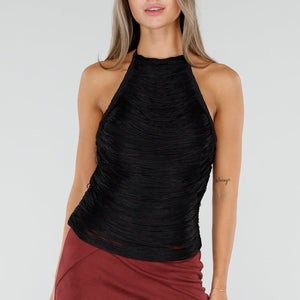 NEW300926 Zwarte Fringe Haltertop met Ondertop