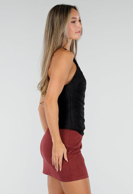 NEW300926 Zwarte Fringe Haltertop met Ondertop