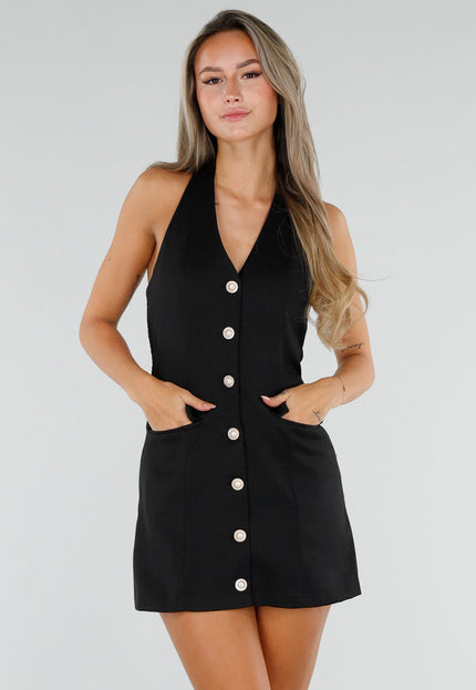 NEW300926 Zwarte Halter Playsuit met Gouden Knopen