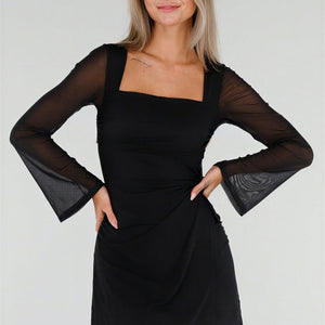 NEW300926 Zwarte Mesh Overslag Mini Jurk met Stretch