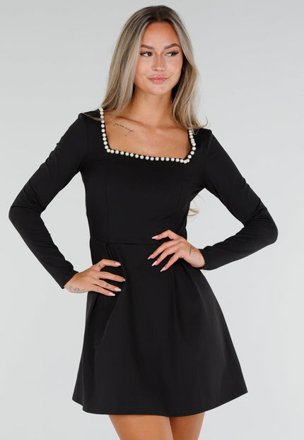 NEW300926 Zwarte Mini Jurk met Parels en Lange Mouwen