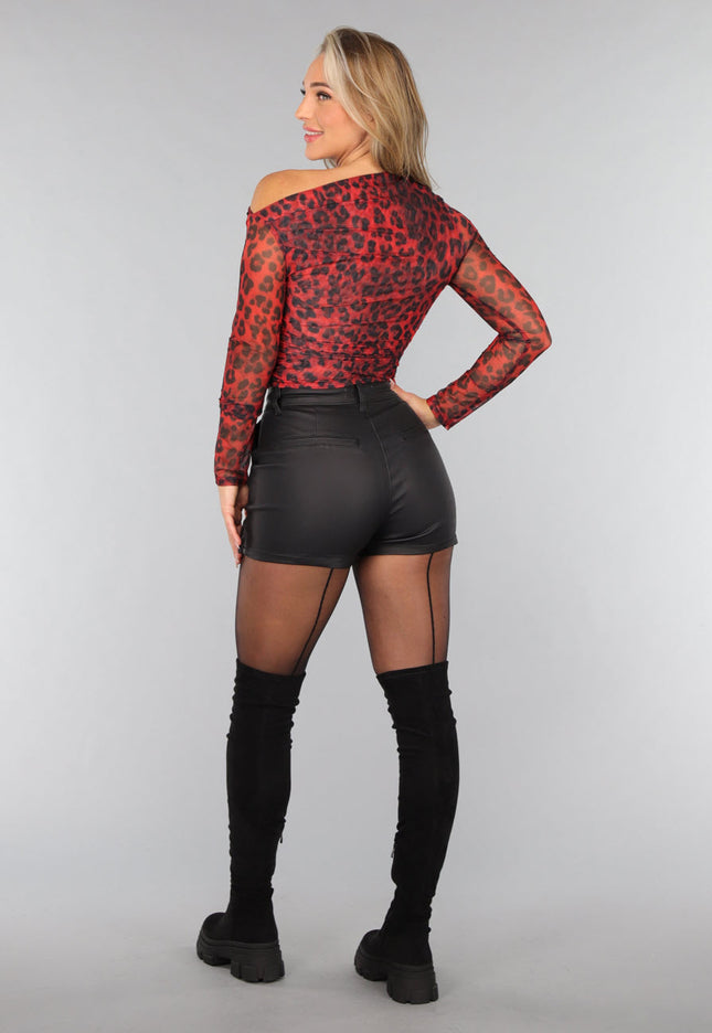 NEW3010 Geplooide Top met Panterprint in Rood