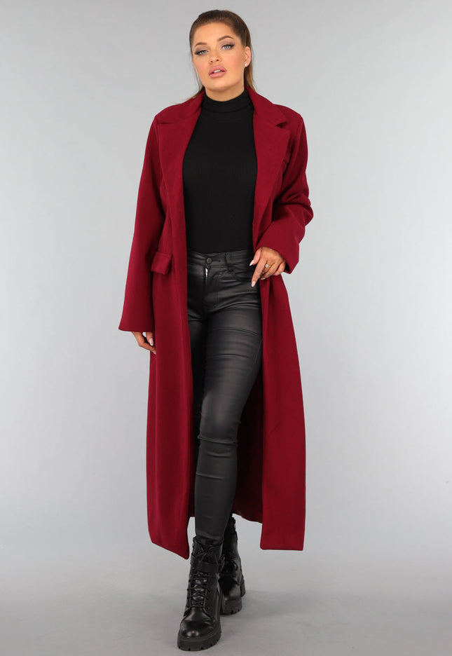 NEW3010 Lange Stoffen Burgundy Trenchcoat