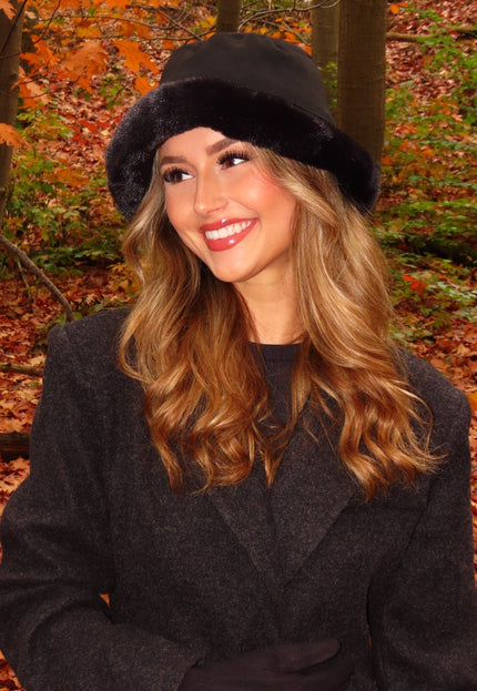 NEW3010 Suèdelook Bucket Hat met Bont Randje