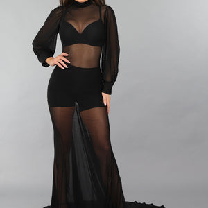 OP=OP.06.NL Lange Doorschijnende Jurk met Pofmouwen