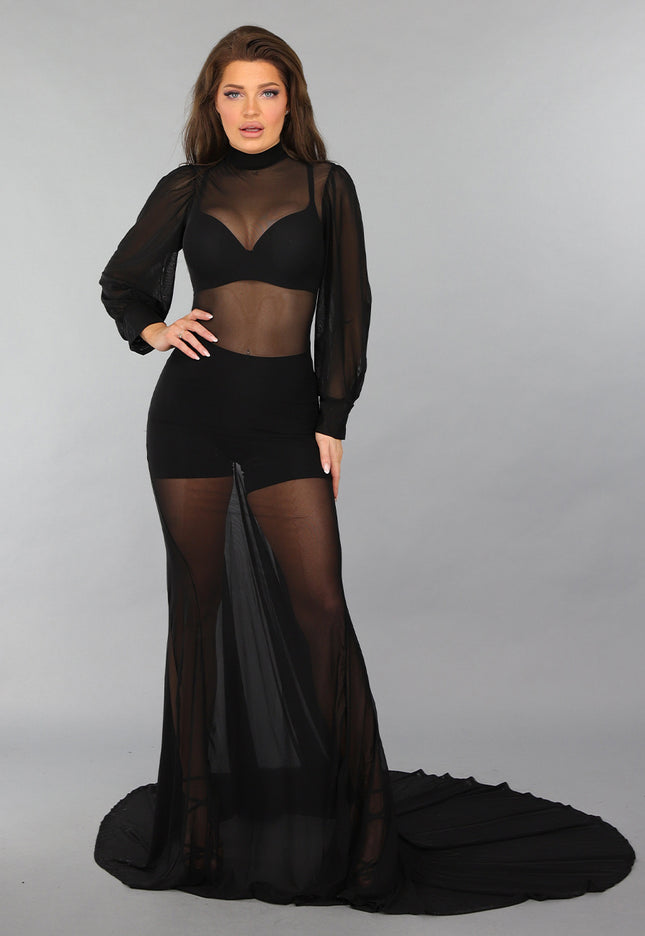 OP=OP.06.NL Lange Doorschijnende Jurk met Pofmouwen