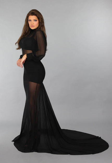 OP=OP.06.NL Lange Doorschijnende Jurk met Pofmouwen