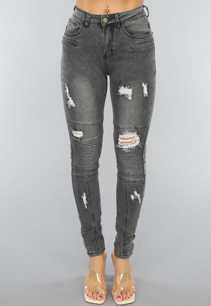 NEW3101 Grijze Ripped Skinny Jeans met Rib Detail