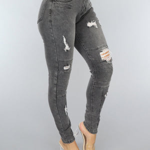 NEW3101 Grijze Ripped Skinny Jeans met Rib Detail