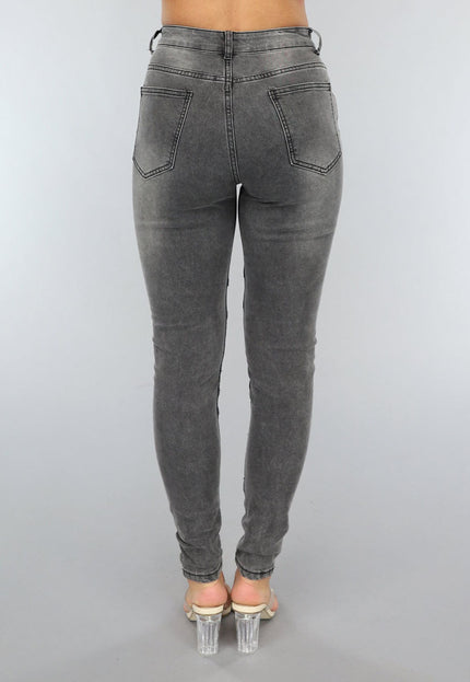NEW3101 Grijze Ripped Skinny Jeans met Rib Detail