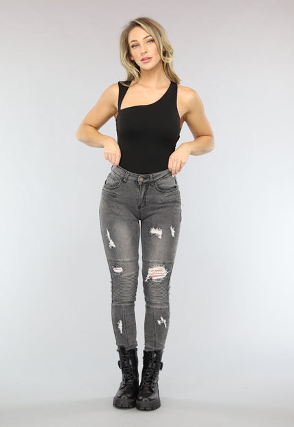 NEW3101 Grijze Ripped Skinny Jeans met Rib Detail