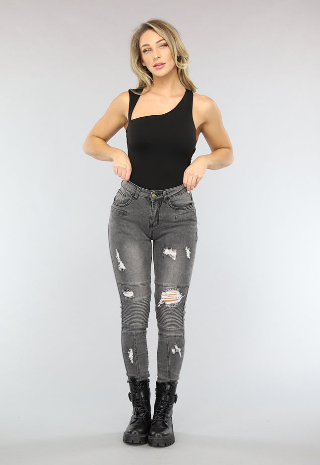NEW3101 Grijze Ripped Skinny Jeans met Rib Detail