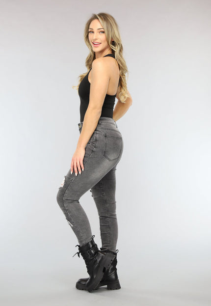NEW3101 Grijze Ripped Skinny Jeans met Rib Detail