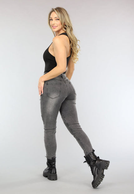 NEW3101 Grijze Ripped Skinny Jeans met Rib Detail