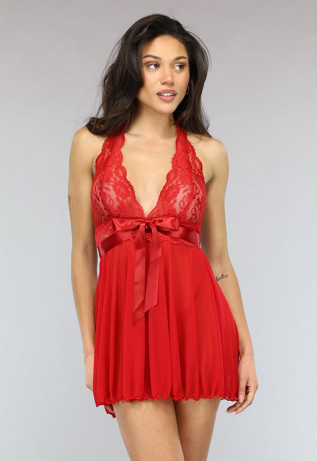 NEW3101 Rode Mesh Halter Slipdress met Kant