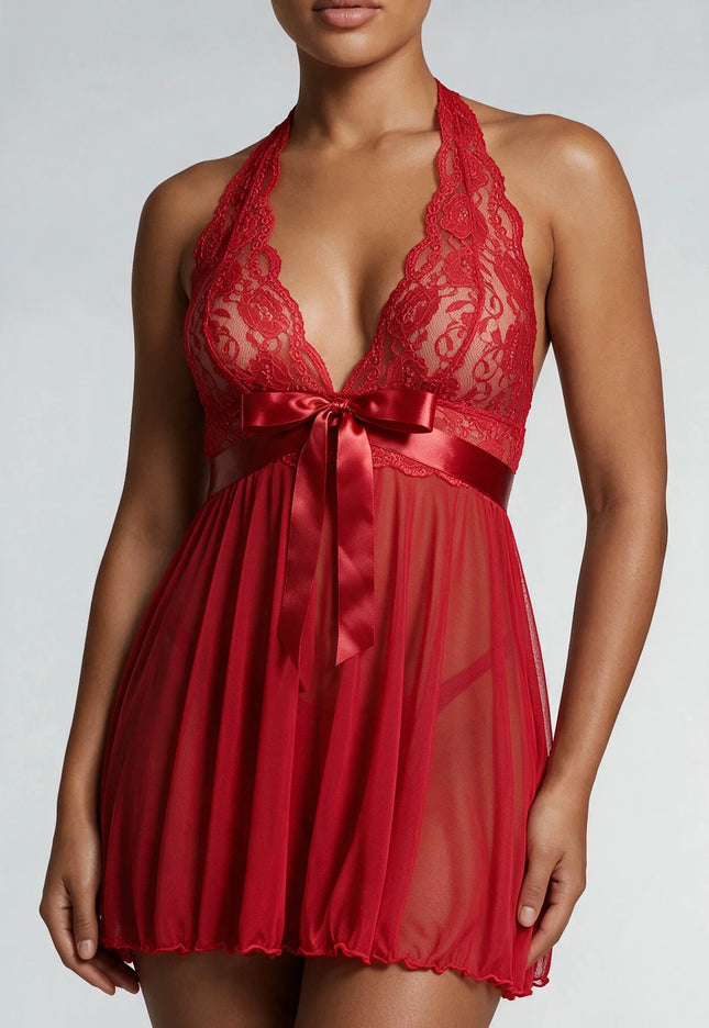 NEW3101 Rode Mesh Halter Slipdress met Kant