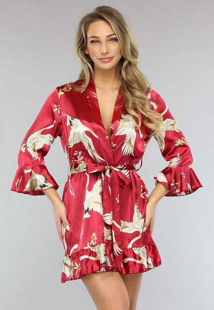 OP=OP.51.S Rode Satin Kimono met Ruches