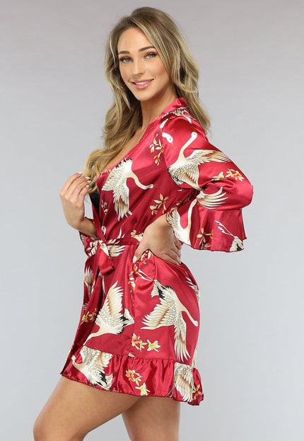 OP=OP.51.S Rode Satin Kimono met Ruches