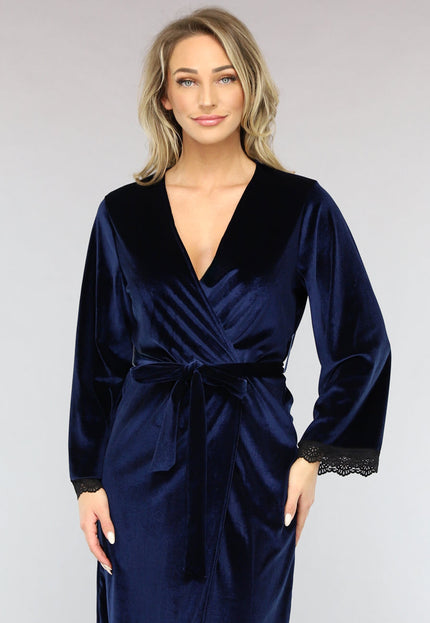 NEW3101 Velvet Kimono in Navy met Kant