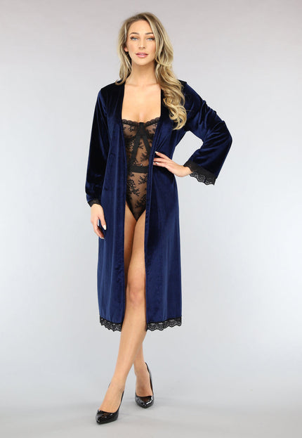 NEW3101 Velvet Kimono in Navy met Kant